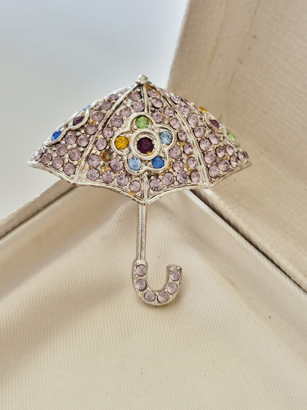 Vintage Monet Pink and Multi-color Rhinestone Umbrella Brooch